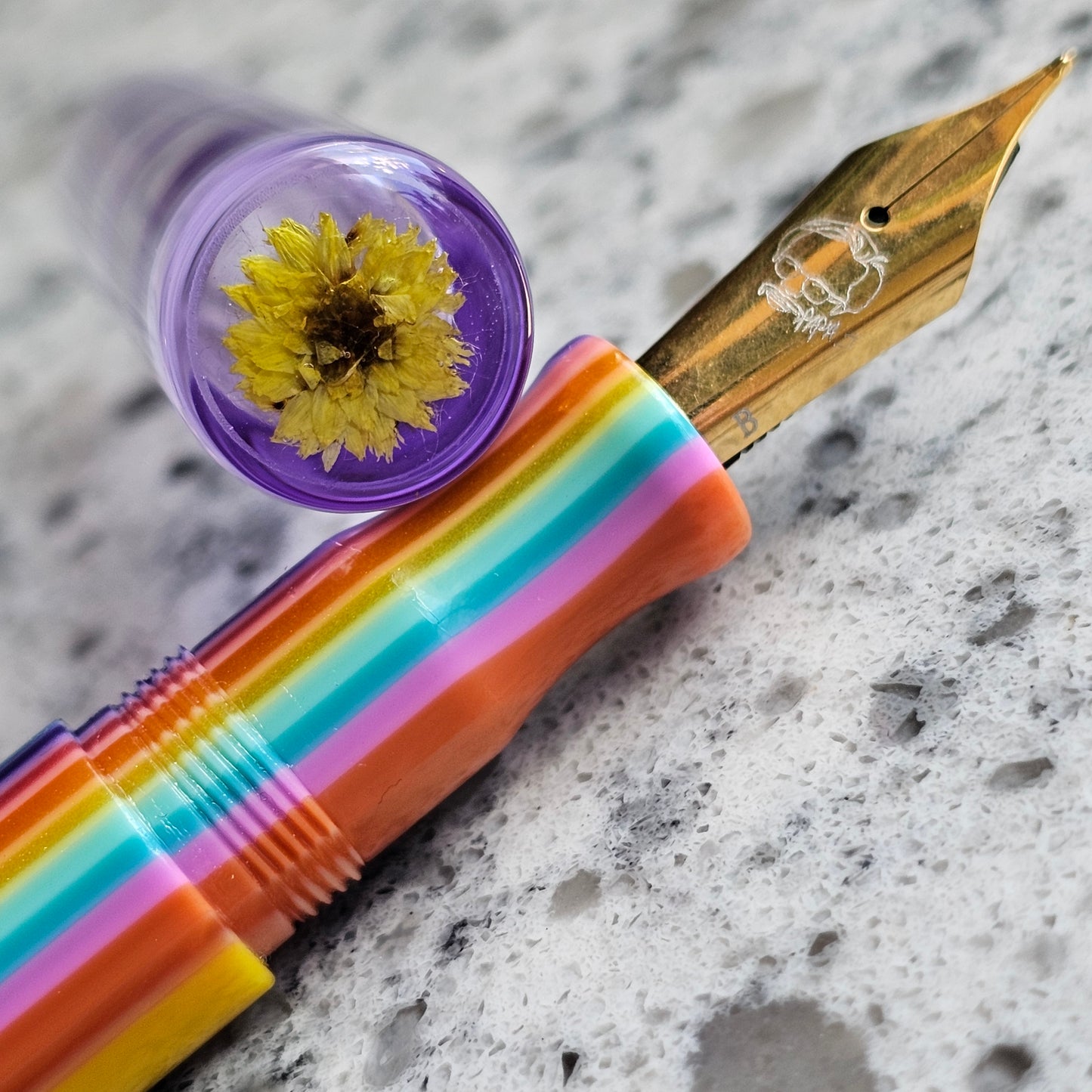 Rainbow Stripe Floral Finial Fountain Pen