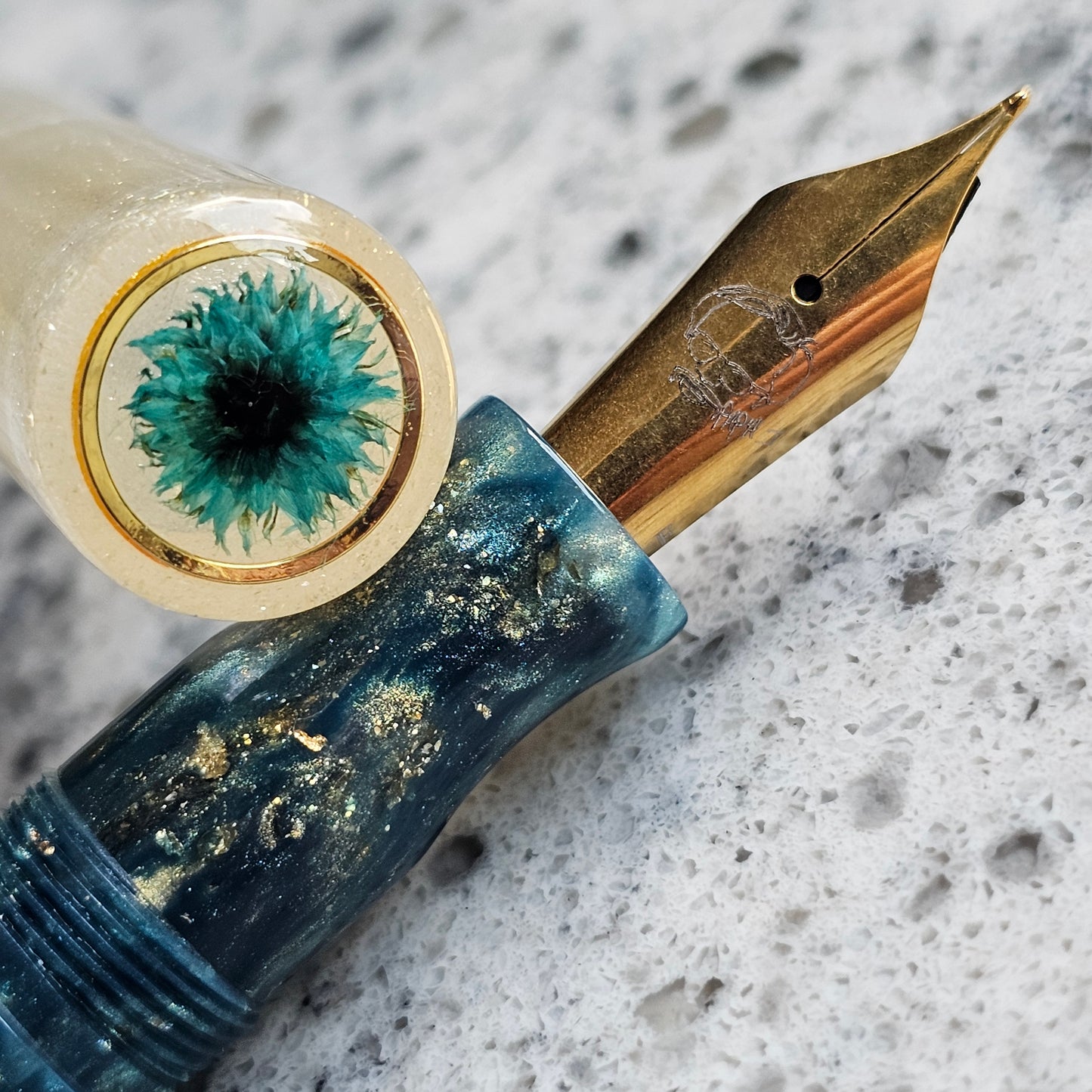 Chrysocolla Gilt Floral Finial Fountain Pen