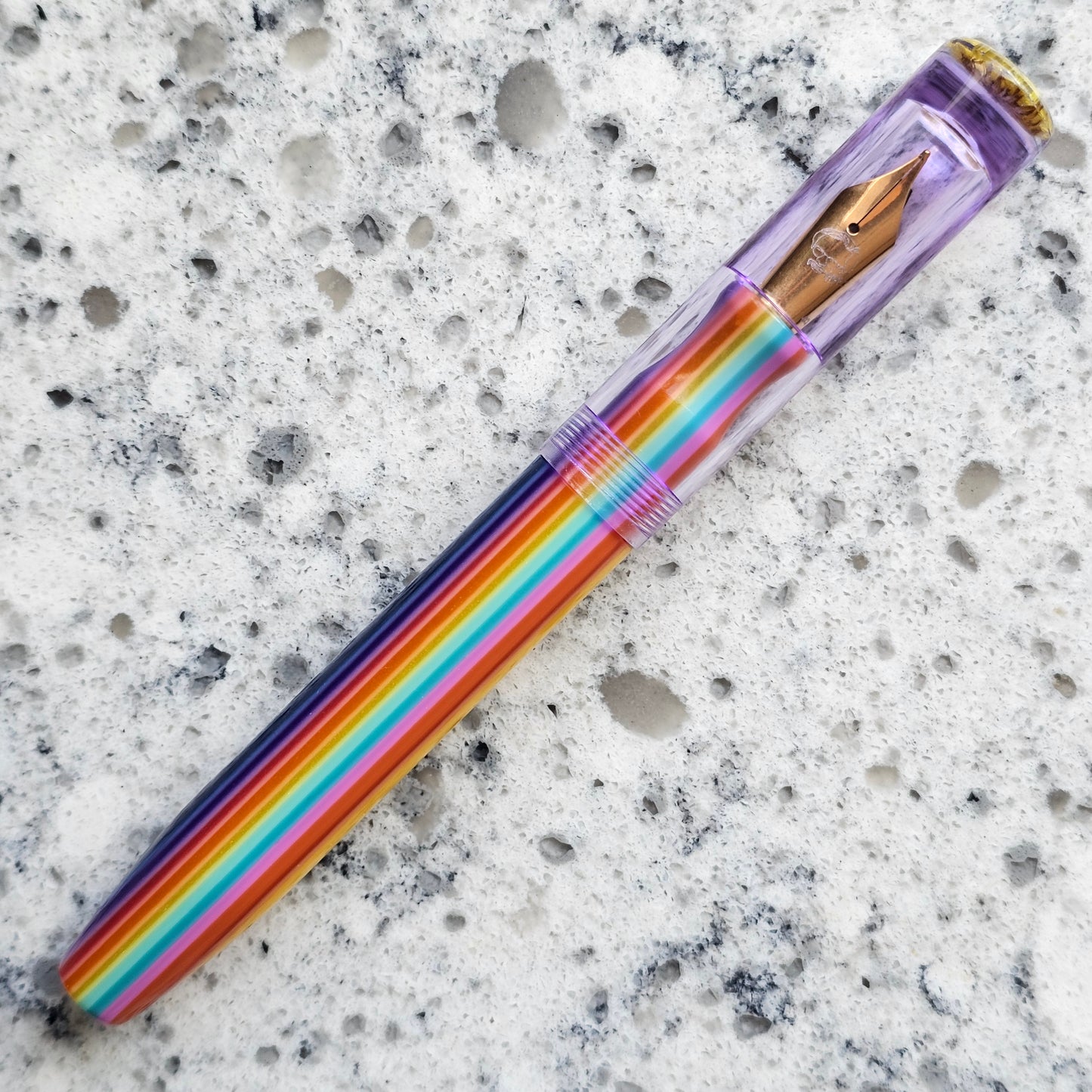 Rainbow Stripe Floral Finial Fountain Pen